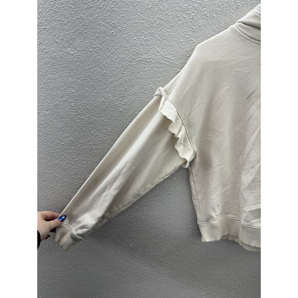 American Eagle Womens Sweatshirt Size Small Tan Hooded Ruffled Long Sleeve - Picture 2 of 11